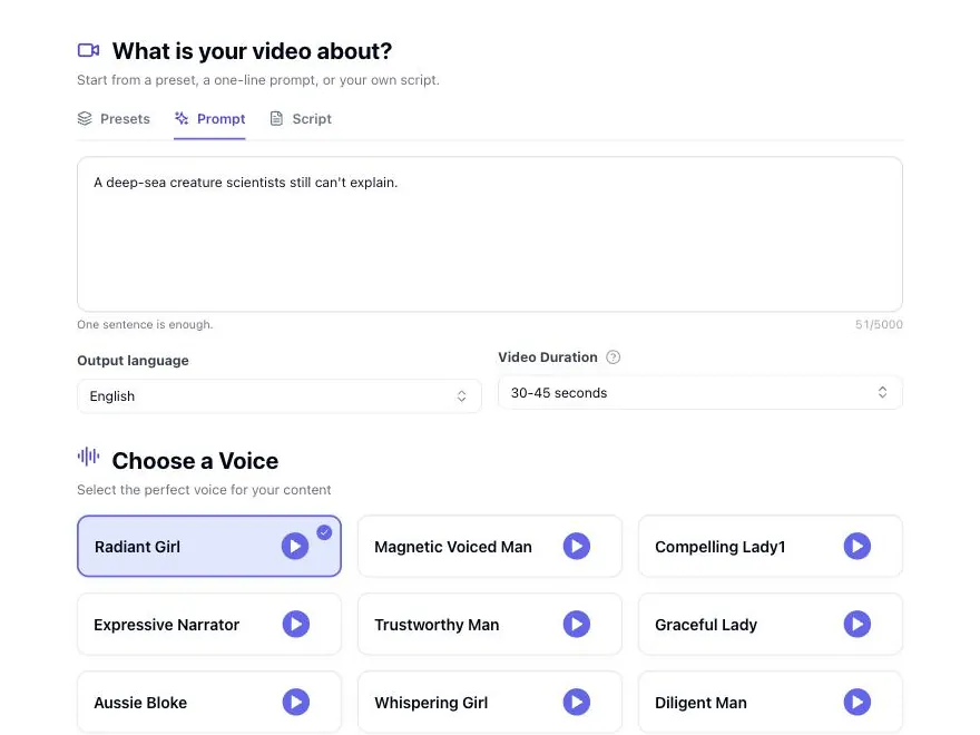 Entering a video topic and choosing a voice in the VeeVi creator