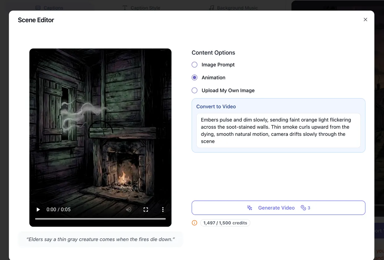 Faceless video scene editor with image and animation options