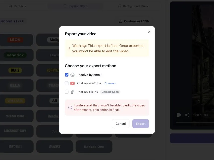 Export dialog with email delivery and YouTube and TikTok publishing